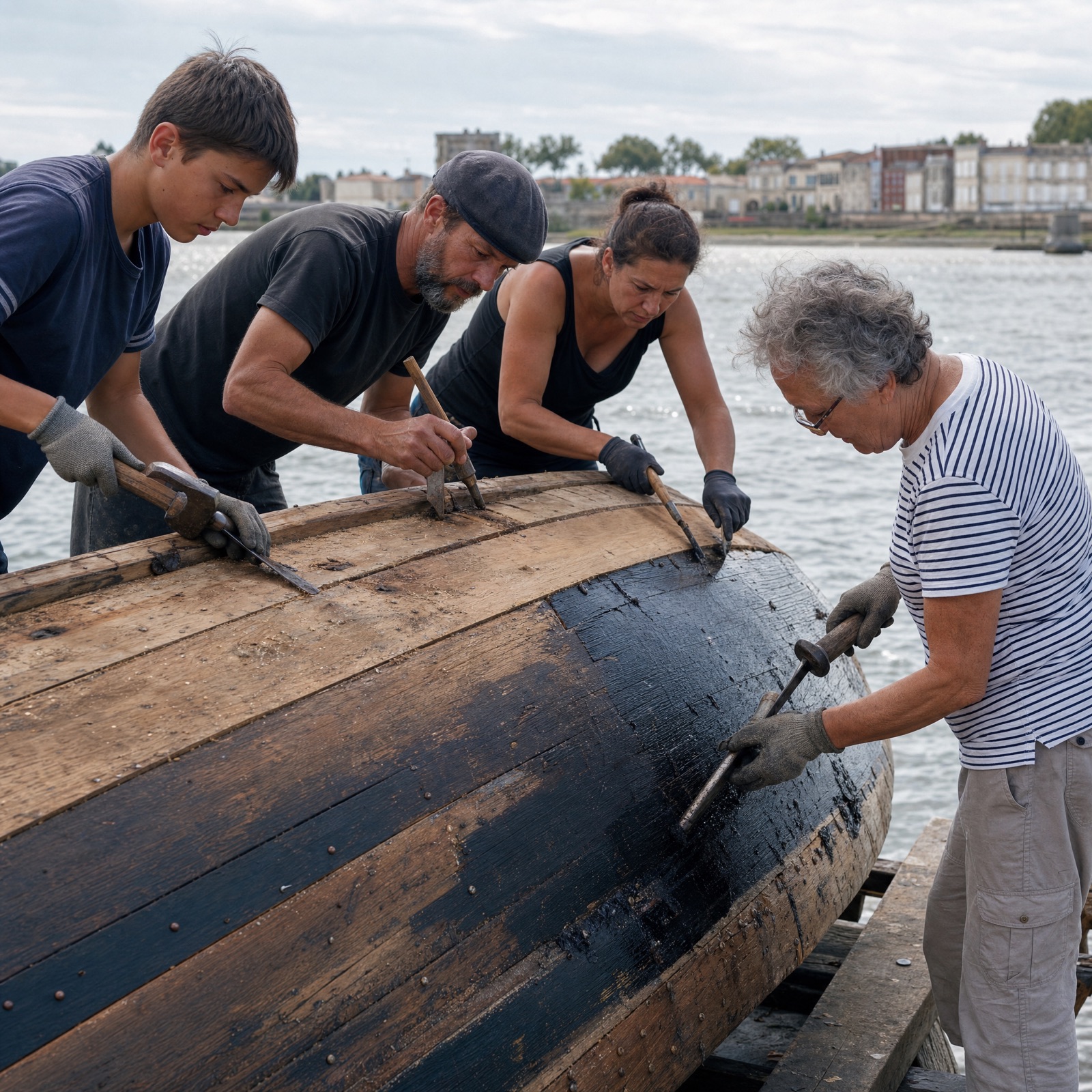 Membres de l'association relevant les bollards d'amarrage sur les quais de la rive droite